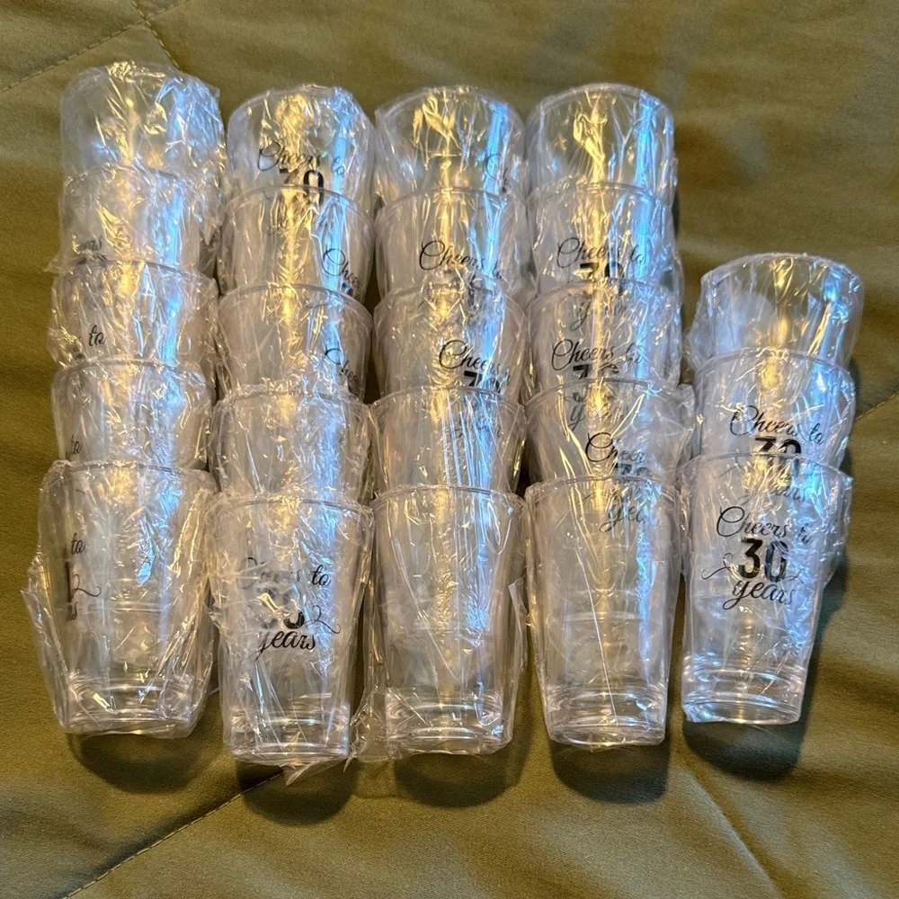 Clear Plastic Shot Glasses with “Cheers To 30 Years” - Picture 1 of 2